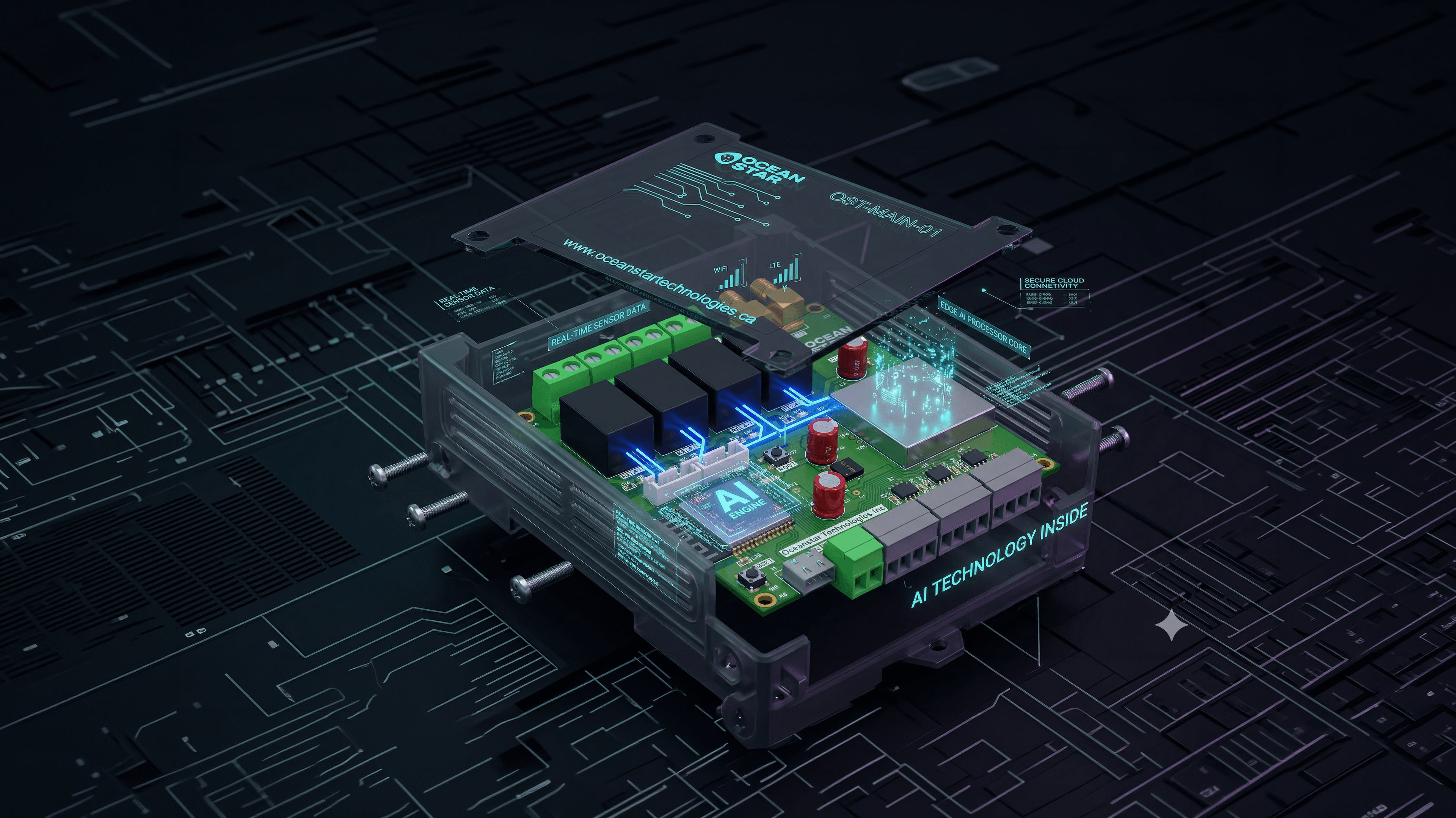 OST-MAIN-01 Central Hub — exploded view showing ESP32 processor, relay modules, sensor ports, and AI processing unit